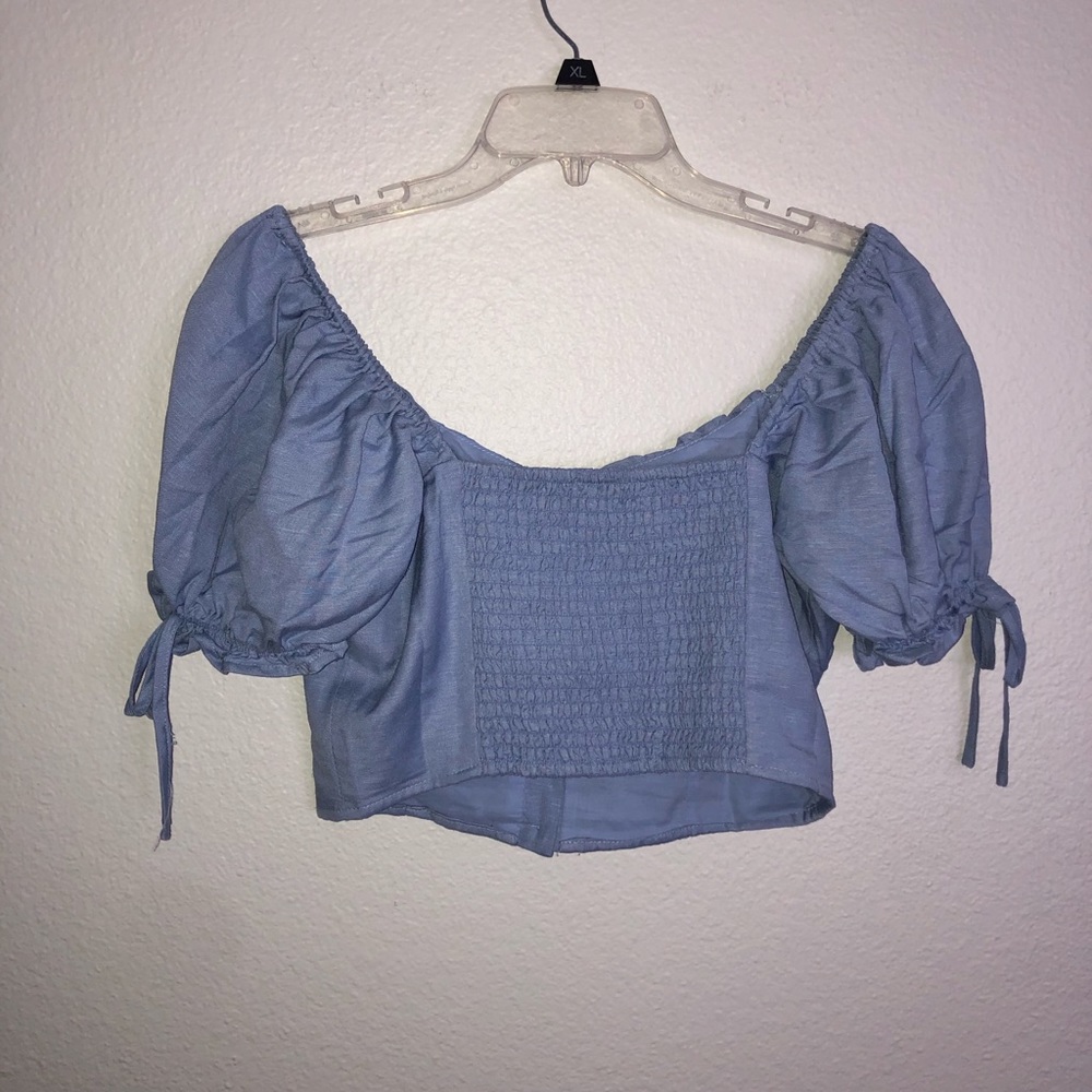 Blue puff sleeve off the shoulder crop top - Picture 3 of 4